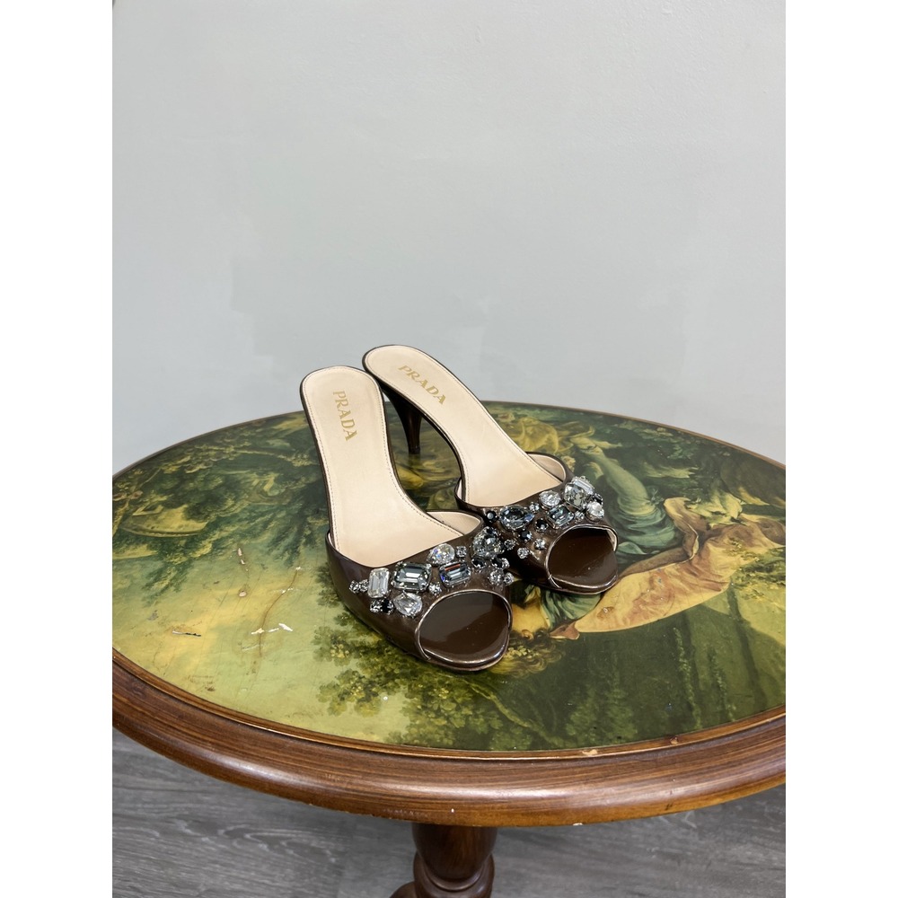 Vintage Prada Crystal Embellished Brown Patent Leather Mules 35.5